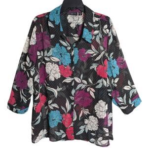 Attention Sheer Black Floral Polka Dot Pink Teal Blue Blouse Top 2X